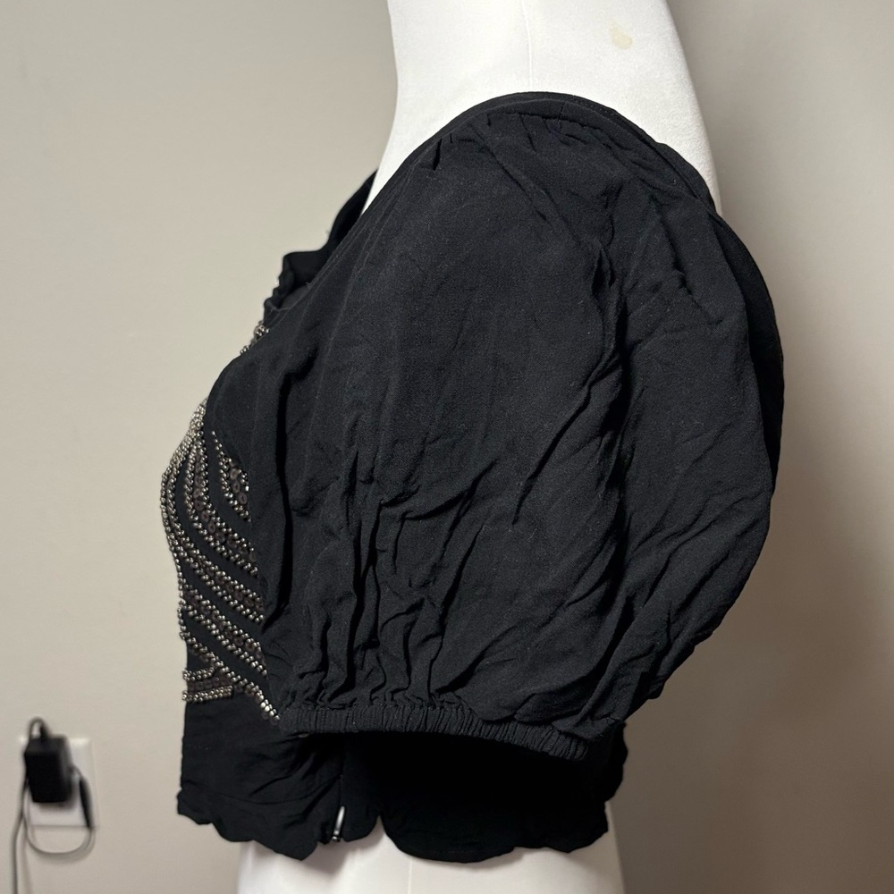 Saltwater Luxe Beaded Sequin Crop Top Black Puff Sleeve Square Neck Blouse M - Picture 7 of 10